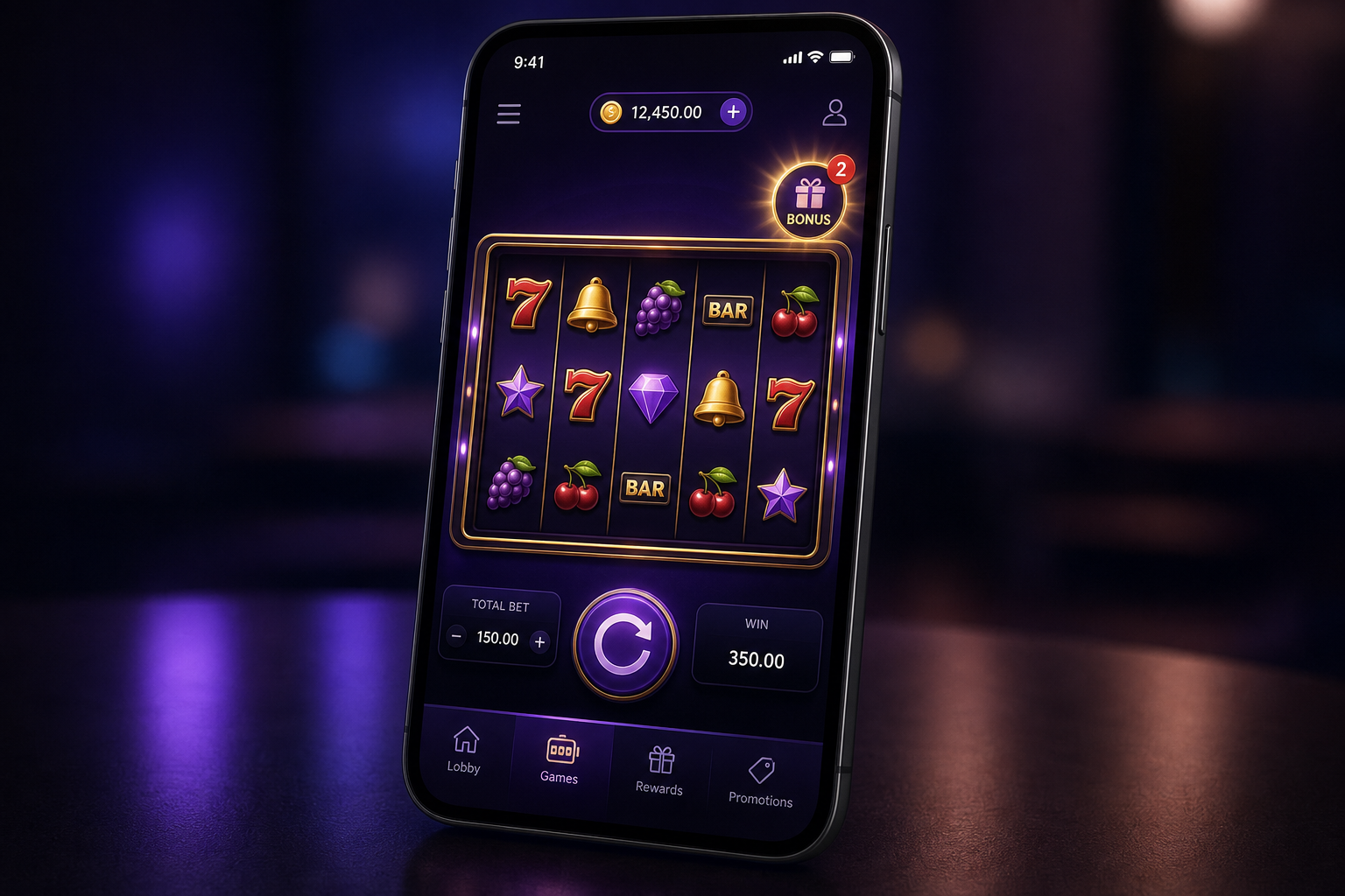 Smartfon z ekranem automatu i informacją o bonusie, ciemne fioletowe UI